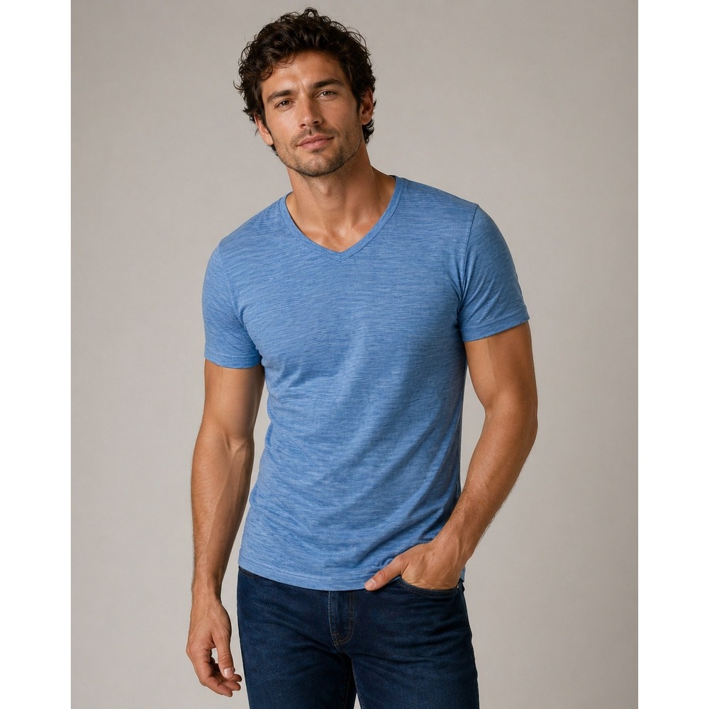Travis Mathew XXL Blue Striped V-Neck T-Shirt Pima Cotton Viscose Golf Casual‎